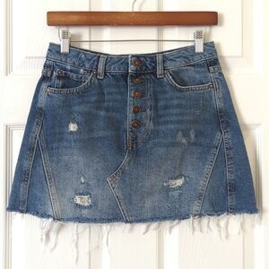 We The Free Harvey Distressed Medium Wash High Waist A-line Denim Mini Skirt 27